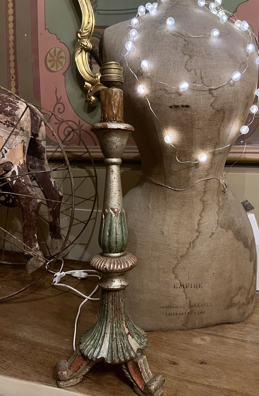 fa3669 Antique wooden French candle stand  with silver foil